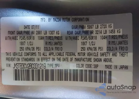 2011 Mazda Cx-9 Touring z USA, uszkodzony, nr VIN JM3TB3CV2B0331219